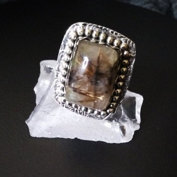 Sz 6.5 ~ Rutilated Quartz Ring! Square Cabochon! SouthWest Vibe! Wide Cigarband - Picture 6 of 10